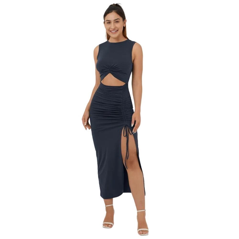 HALARA Twisted Cut Out Ruched Drawstring Split Hem Bodycon Dress Blue L NEW